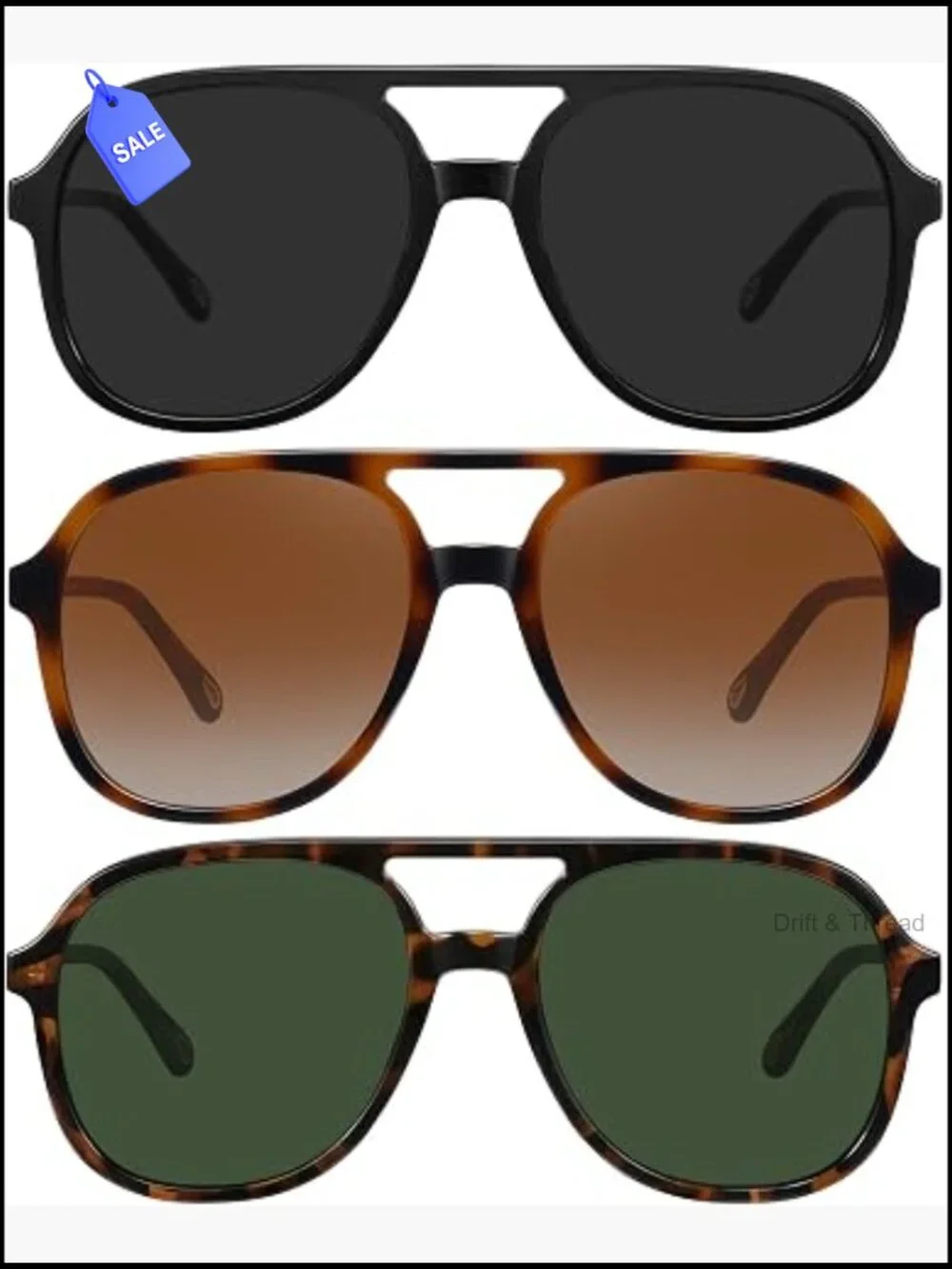 Retro Oversized Aviator Sunglasses 3-Pack UV400 Double Bridge Unisex Pilot